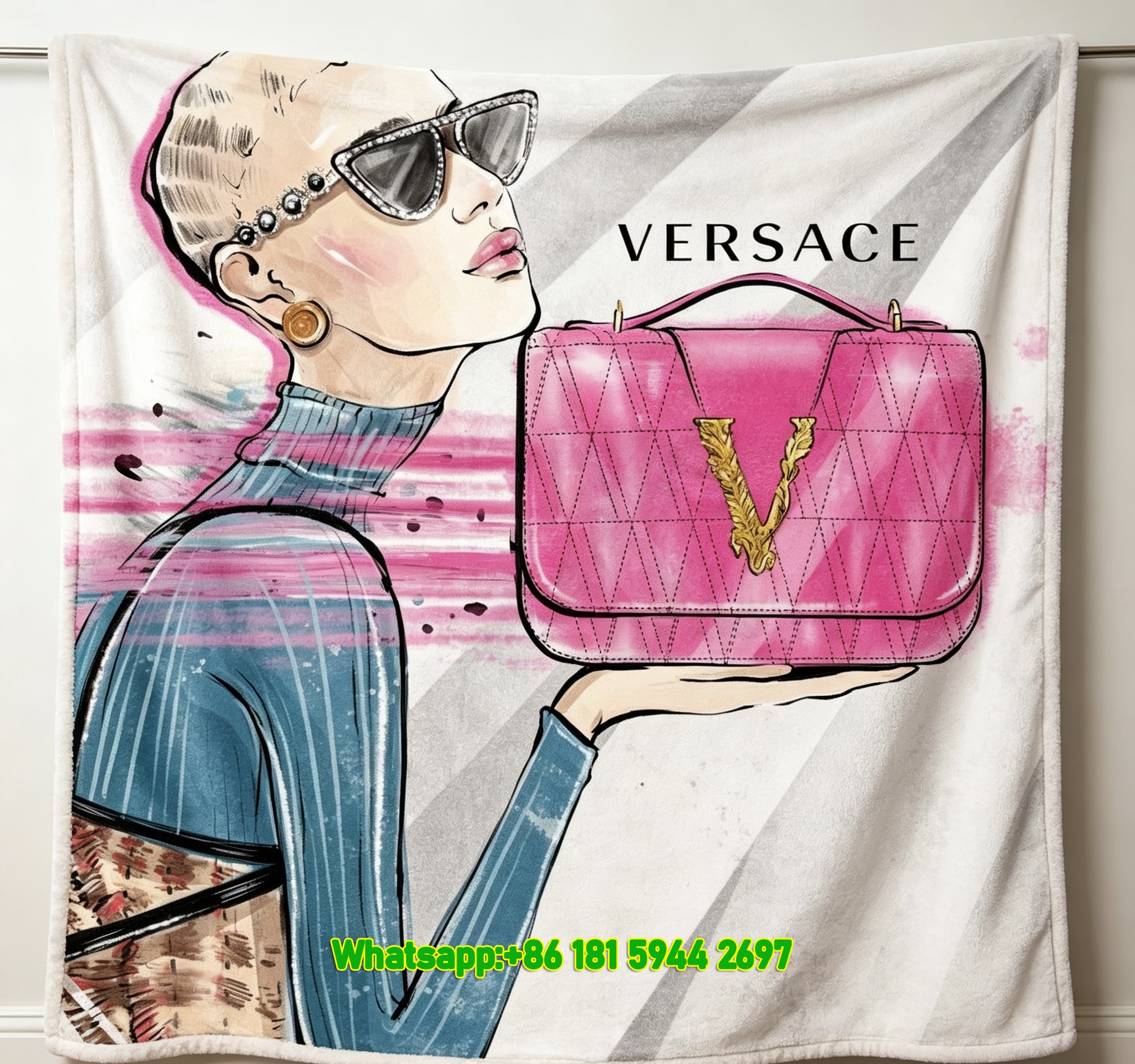 Versace Hot Pink Virtus Bag Fashion Illustration Print Flannel Throw Blanket Luxury Sofa Cover Blanket IMG_1681